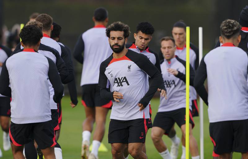 Liverpool's Mohamed Salah training with teammates on the eve of their Champions League match against Rangers. AP