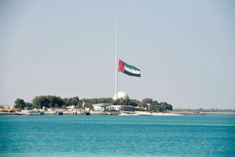 The UAE will enter 40 days of mourning with flags at half-staff, and government ministries and federal, local and private sector entities closing for three days. Khushnum Bhandari / The National
