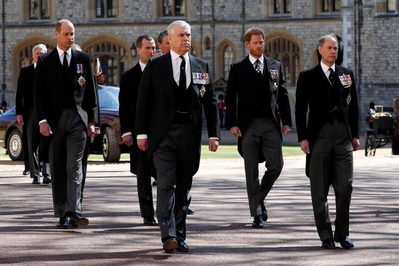 Prince Andrew, centre, at the funeral of Prince Philip, Duke of Edinburgh, at Windsor Castle alongside Prince William, Prince Harry and Prince Edward in April 2021. All photos: Getty Images