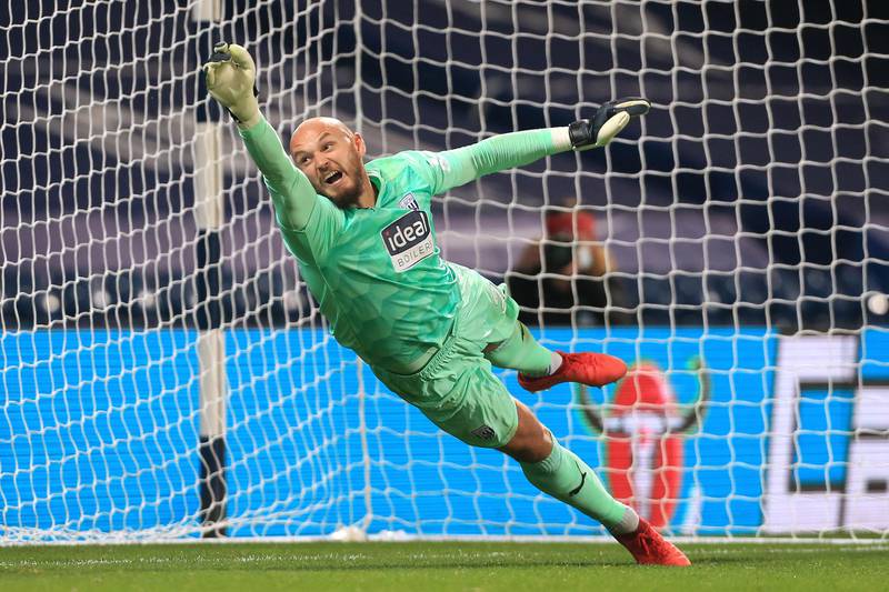 WEST BROMWICH, ENGLAND - SEPTEMBER 22: West Brom goalkeeper David Button dives during the Carabao Cup Third Round match between West Bromwich Albion and Brentford at The Hawthorns on September 22, 2020 in West Bromwich, England. (Photo by Simon Stacpoole/Offside/Offside via Getty Images)