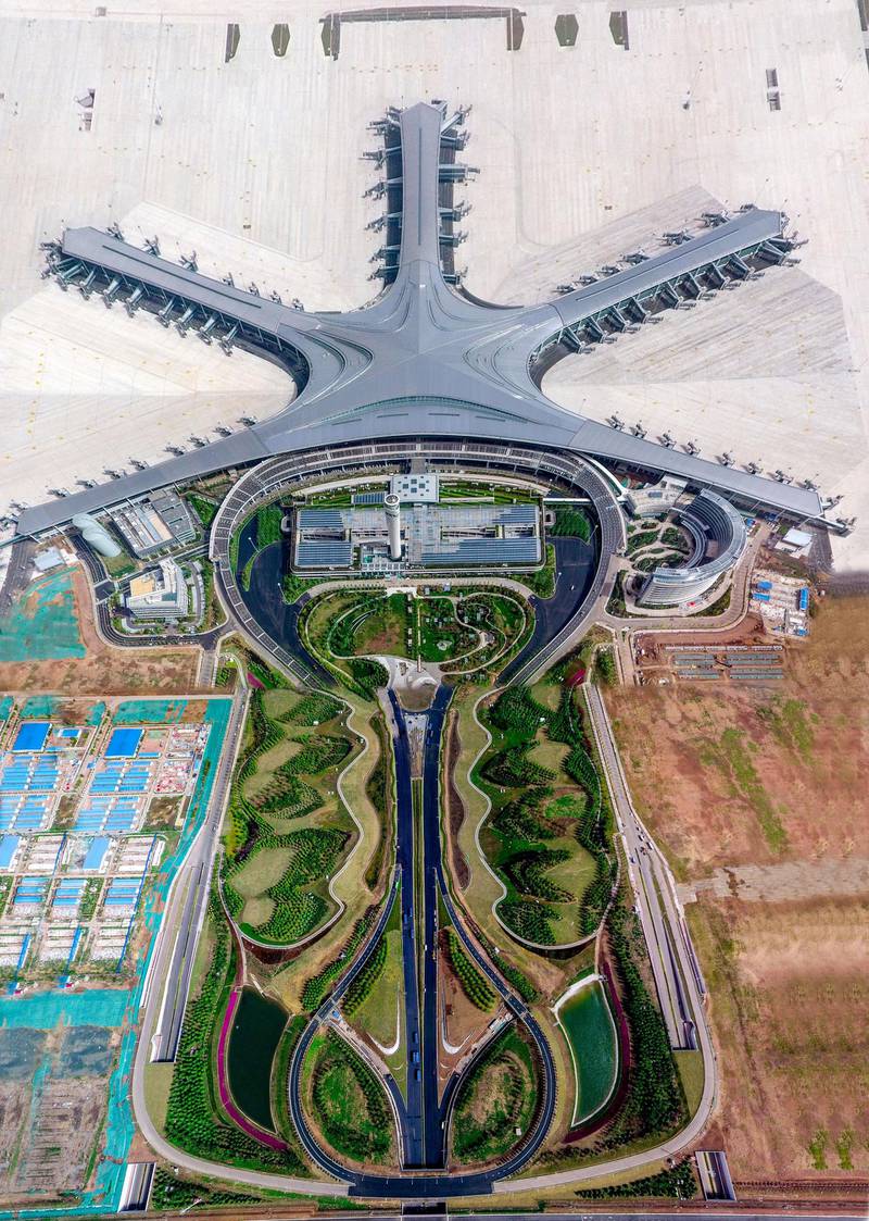 QINGDAO, CHINA - MAY 12: Aerial view of construction site of Qingdao Jiaodong International Airport on May 12, 2020 in Qingdao, Shandong Province of China. (Photo by Zhao Jianpeng/VCG via Getty Images)