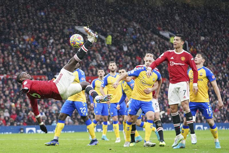 Manchester United's Paul Pogba attempts an overhead kick in the Premier League game against Southampton at Old Trafford in 2022. AP 