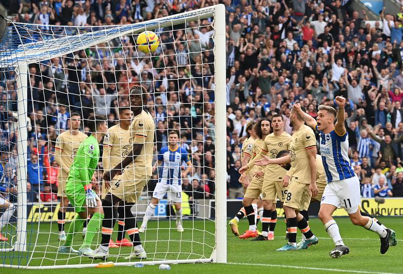 Leandro Trossard celebrates after Chelsea midfielder Ruben Loftus-Cheek scores an own goal to put Brighton 2-0 ahead. AFP