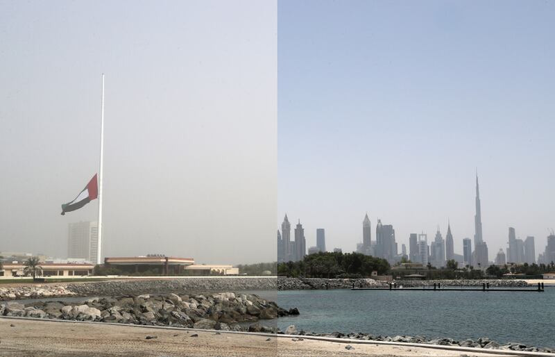 A view of Dubai taken from the Pearl Jumeirah before and during a dust storm. Pawan Singh / The National