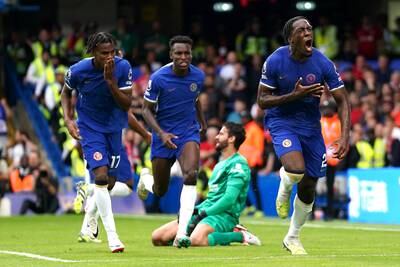 Chelsea's Axel Disasi celebrates after scoring during the 1-1 Premier League draw with Liverpool at Stamford Bridge on August 13, 2023. PA