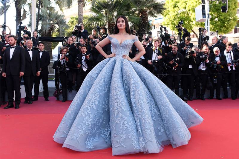 Aishwarya Rai Bachchan wearing a dress by Dubai designer Michael Cinco at the 2017 Cannes Film Festival. Getty Images