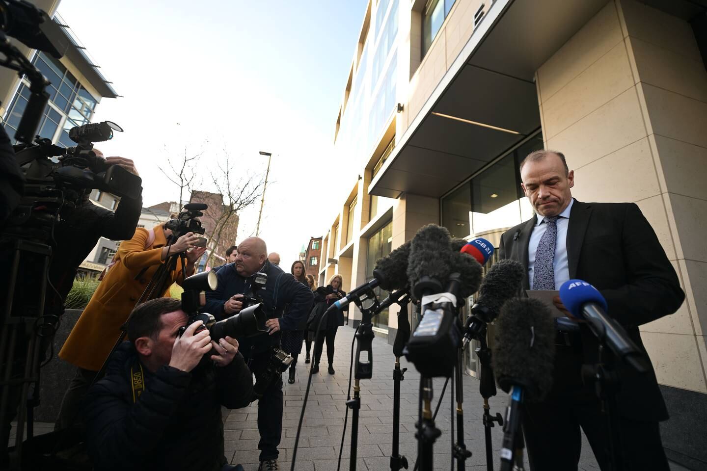 The Northern Ireland Secretary of State Chris Heaton-Harris gives a statement regarding his decision to call an election, on October 28, in Belfast, Northern Ireland. Getty