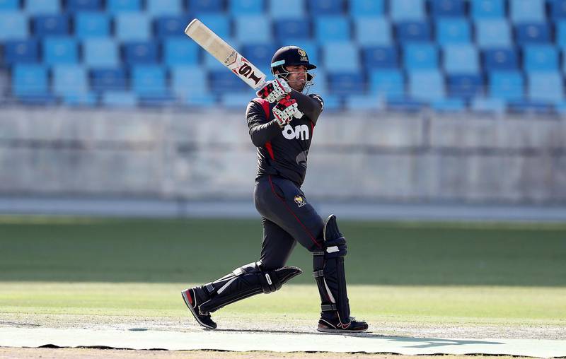 DUBAI , UNITED ARAB EMIRATES , NOV 13   – 2017 :-  Rohan Mustafa of UAE team playing a shot during the one day international cricket match against Zimbabwe A team at Dubai International Cricket Stadium in Dubai. (Pawan Singh / The National) Story by Paul Radley