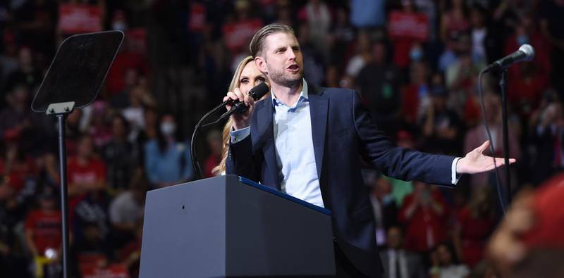 Eric Trump, son of US President Donald Trump, speaks during a rally inside the Bank of Oklahoma Centre in Tulsa, Oklahoma. EPA