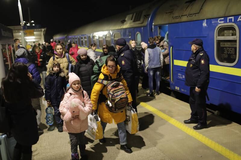 Ukrainian refugees arrive by train from Kiev at the Warszawa Wschodnia station in Warsaw. EPA