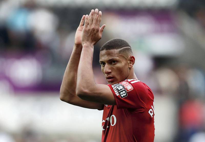 Soccer Football - Premier League - Swansea City vs Watford - Liberty Stadium, Swansea, Britain - September 23, 2017   Watford's Richarlison applauds the fans at the end of the match    Action Images via Reuters/Paul Childs    EDITORIAL USE ONLY. No use with unauthorized audio, video, data, fixture lists, club/league logos or "live" services. Online in-match use limited to 75 images, no video emulation. No use in betting, games or single club/league/player publications. Please contact your account representative for further details. - RC1A643860C0