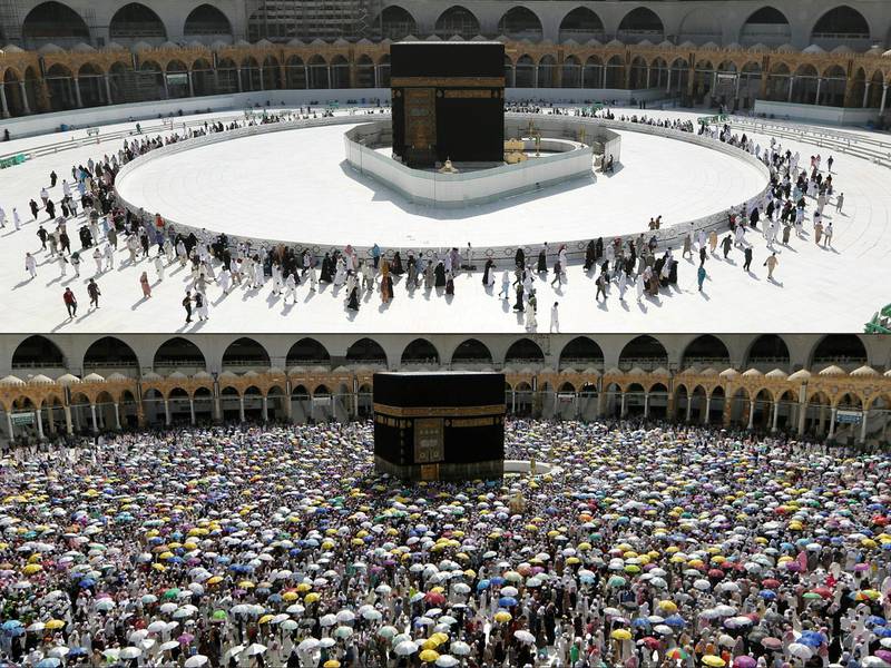 A combination of photos shows a small crowd of worshippers around the sacred Kaaba in Mecca's Grand Mosque on March 7, 2020, and a large crowd during the pilgrimage, on August 13, 2019. AFP