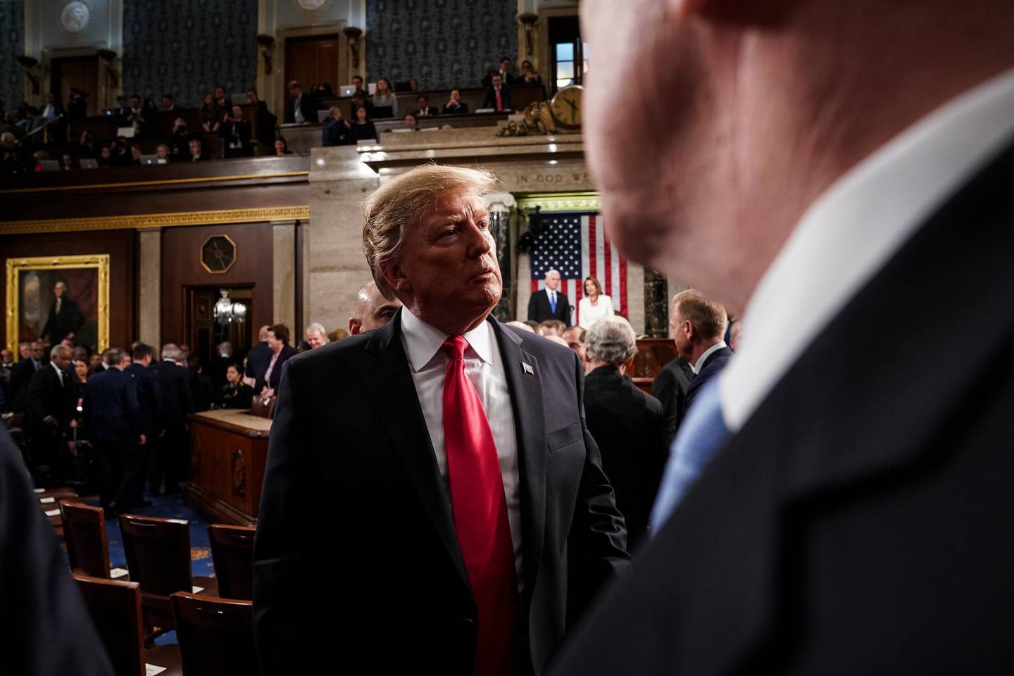 U.S. President Donald Trump departs after delivering a State of the Union address to a joint session of Congress at the U.S. Capitol in Washington, D.C., U.S., on Tuesday, Feb. 5, 2019. President Donald Trump cast his fight against illegal migration to the U.S. as a moral struggle, and charged in his second State of the Union address that “partisan investigations” threaten economic progress under his administration. Photographer: Doug Mills/Pool via Bloomberg