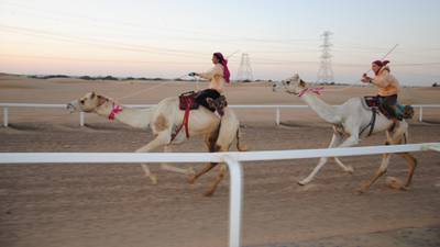 Female riders from the Arabian Desert Camel Riding Centre in Dubai will take part in Saudi Arabia's inaugural all-women race. Photo: Linda Krockenberger