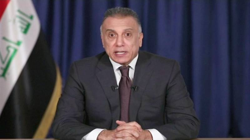 Iraq's designated prime minister Mustafa Al-Khadimi delivers his first televised speech after his nomination ceremony, in Baghdad, Iraq April 9, 2020, in this still image taken from video. Iraqiya TV/Reuters TV via REUTERS IRAQ OUT. NO COMMERCIAL OR EDITORIAL SALES IN IRAQ