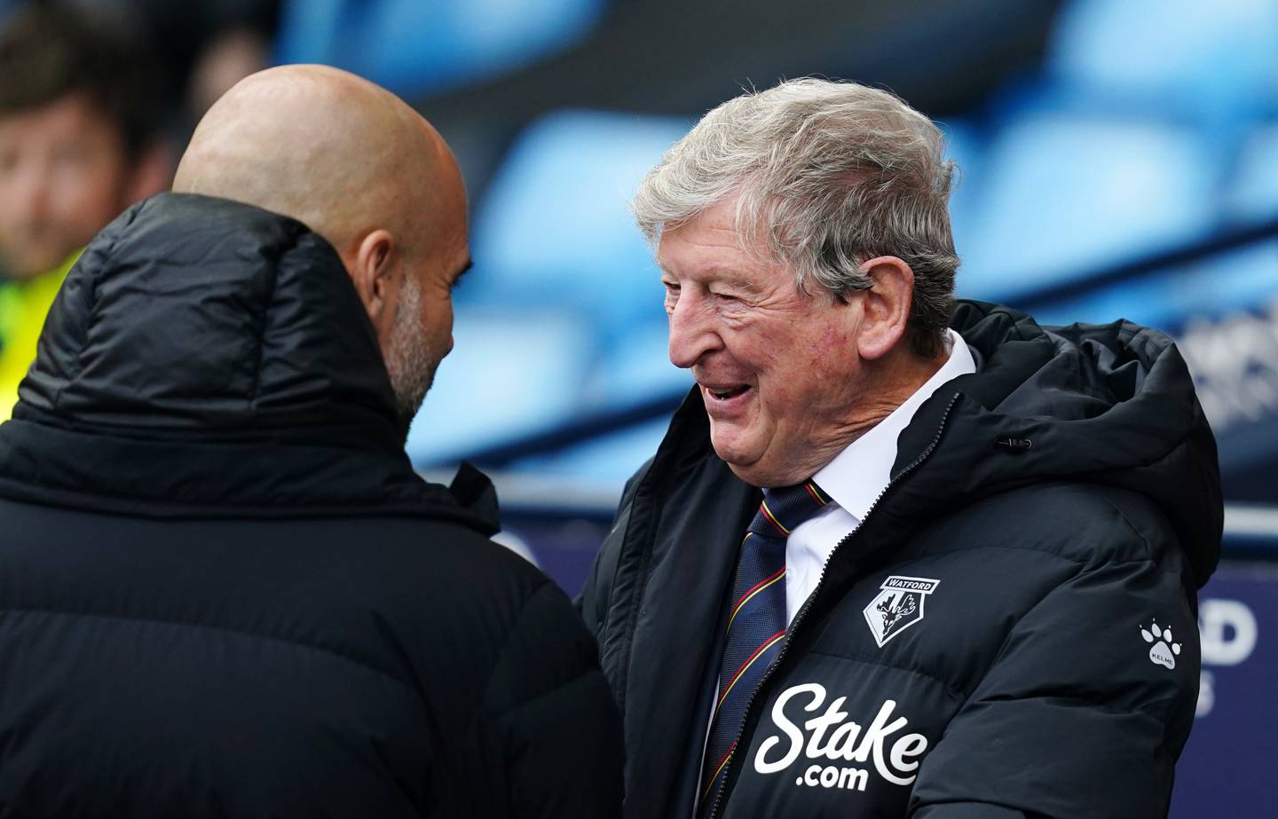 Manchester City manager Pep Guardiola and Watford manager Roy Hodgson during the match. PA