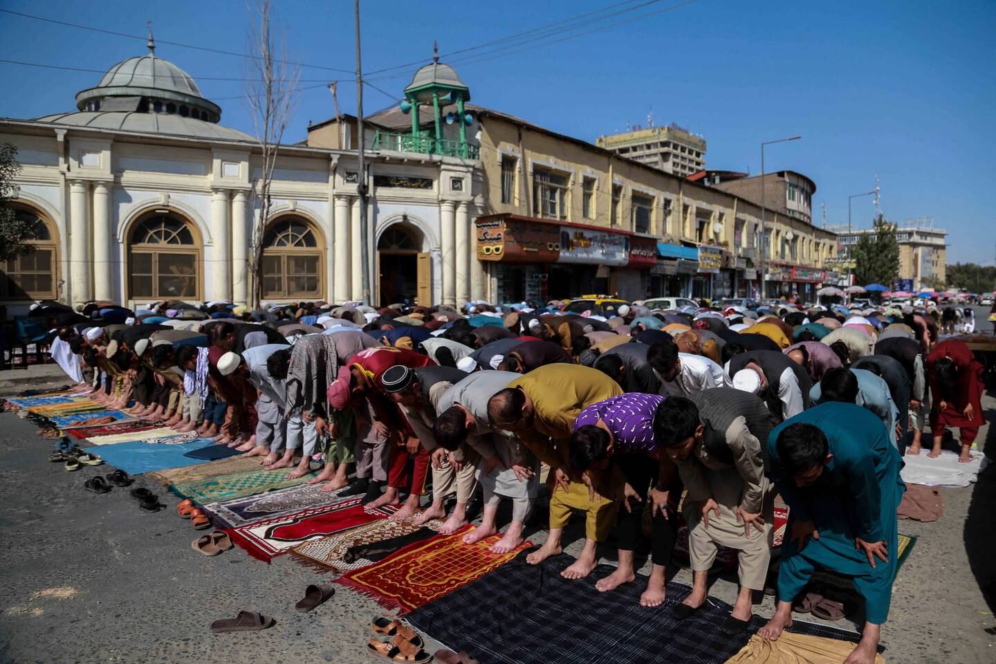 Friday congregational prayers outside a mosque in Kabul, Afghanistan on October 8, 2021. EPA