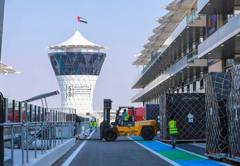 A forklift truck moves items in the Yas Marina Circuit paddock. Photo: Abu Dhabi Motorsports Management