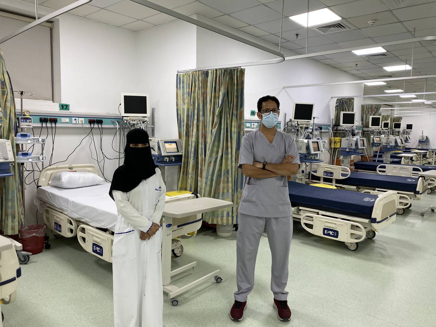 Medical staff at Mina Al Wadi hospital stand ready to receive Hajj pilgrims after days of preparation, including drills. Balquees Basalom / The National 