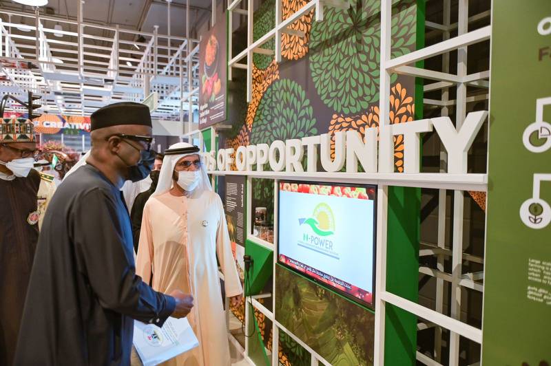 Sheikh Mohammed tours the Nigerian pavilion. He was accompanied by Sheikh Maktoum bin Mohammed, Deputy Prime Minister, Minister of Finance and Deputy Ruler of Dubai.