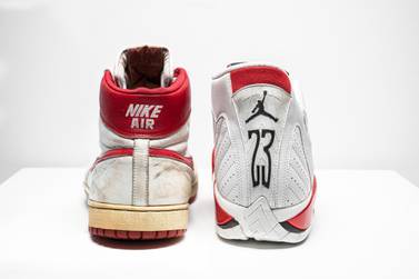 Left, Air ship Nike from 1984 and right, the Air Jordan 14 from 1998. Courtesy Christie's