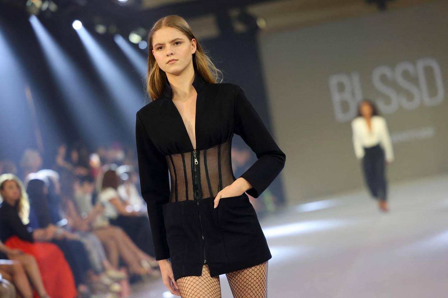 BLSSD delivers a partially sheer jacket for Arab Fashion Week. AFP