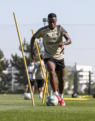 MADRID, SPAIN - MAY 22: Vinicius Jr of Real Madrid kicks the ball during the team's training session amid Covid-19 pandemic at Valdebebas training ground on May 22, 2020 in Madrid, Spain. (Photo by Antonio Villalba/Real Madrid via Getty Images)