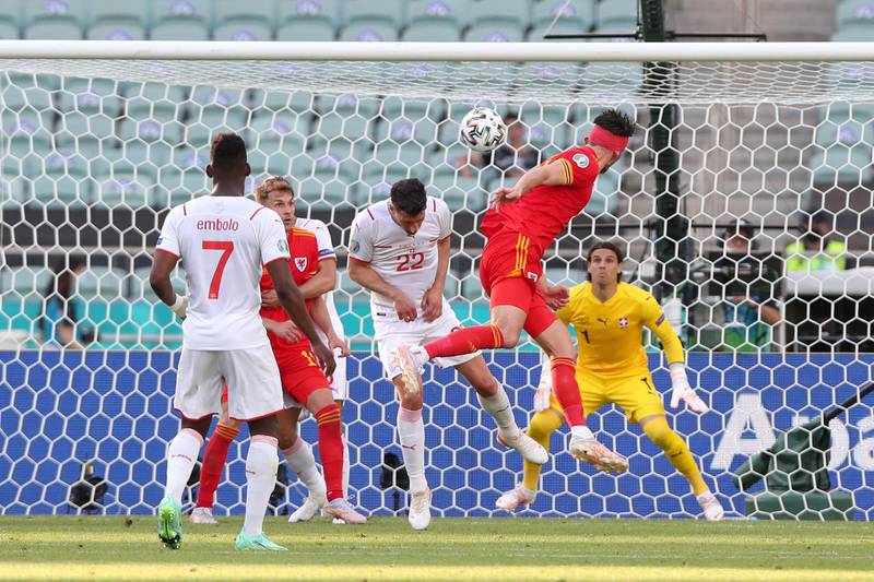 Kieffer Moore of Wales scores their side's first goal past Yann Sommer of Switzerland at the Olympic Stadium in Baku, Azerbaijan. Getty