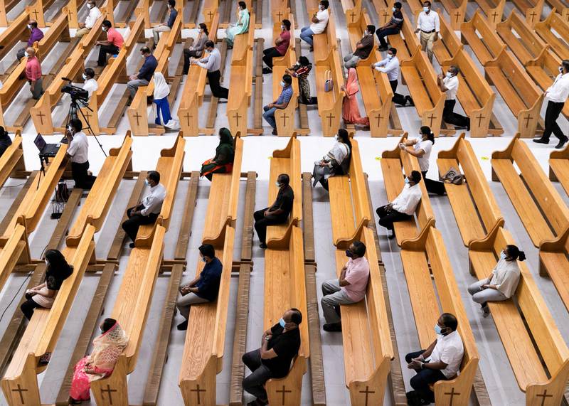ABU DHABI, UNITED ARAB EMIRATES. 9 SEPTEMBER 2020.Worshippers attending the service in St Paul’s church in Mussafah.(Photo: Reem Mohammed/The National)Reporter:Section: