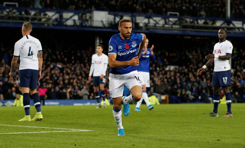Soccer Football - Premier League - Everton v Tottenham Hotspur - Goodison Park, Liverpool, Britain - November 3, 2019  Everton's Cenk Tosun celebrates scoring their first goal   REUTERS/Andrew Yates  EDITORIAL USE ONLY. No use with unauthorized audio, video, data, fixture lists, club/league logos or "live" services. Online in-match use limited to 75 images, no video emulation. No use in betting, games or single club/league/player publications.  Please contact your account representative for further details.
