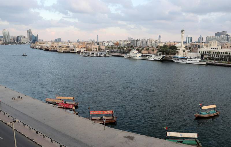 DUBAI, UNITED ARAB EMIRATES , March 24 – 2020 :- View of the quiet Dubai Creek as people are staying home as a preventive measure against coronavirus in Deira Dubai. (Pawan Singh / The National) For News/Online/Standalone.