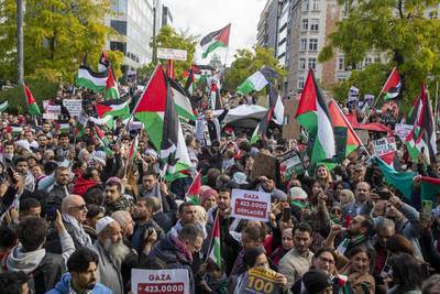Demonstrators attend a rally in support of Palestinians and to demand a ceasefire of the Israel-Gaza war, in Brussels. AFP