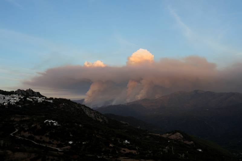 Clouds of smoke from the wildfire rise above Sierra Bermeja mountain. Reuters