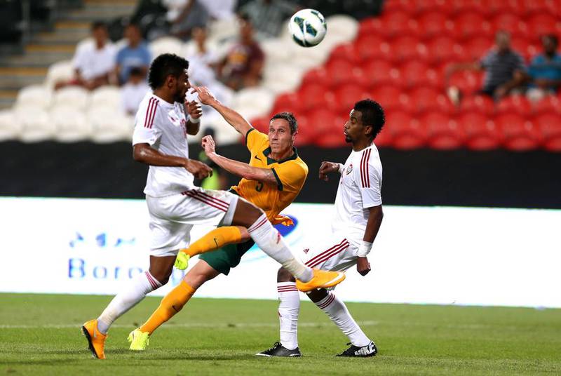 Mark Milligan strikes at goal durng the international friendly between the UAE and Australia at Mohamed Bin Zayed Stadium on October 10, 2014 in Abu Dhabi, United Arab Emirates. Warren Little/Getty Images