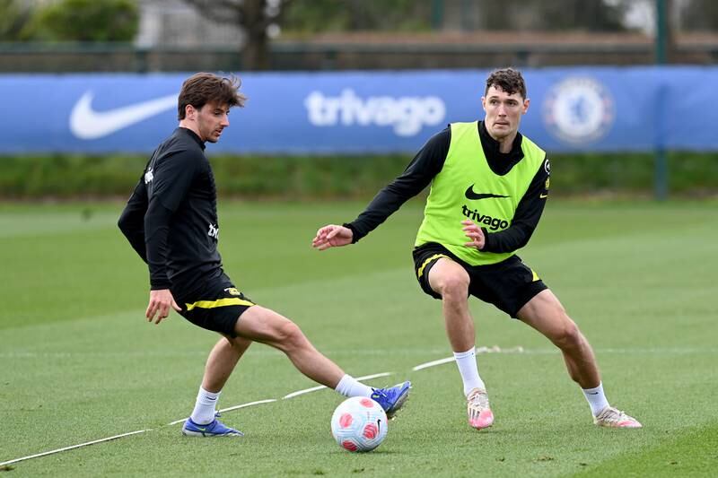 Mason Mount and Andreas Christensen during the session in Cobham. 