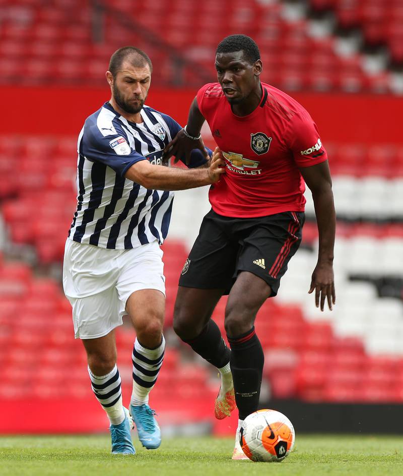 MANCHESTER, ENGLAND - JUNE 12: (EXCLUSIVE COVERAGE) Paul Pogba of Manchester United in action during a practice match between Manchester United and West Bromwich Albion at Old Trafford on June 12, 2020 in Manchester, England. (Photo by Matthew Peters/Manchester United via Getty Images)