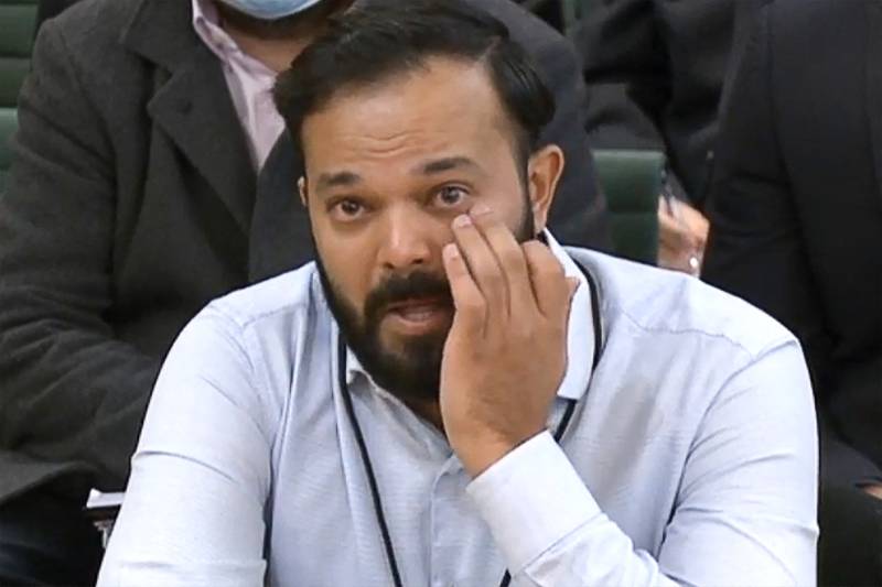 A video grab shows former Yorkshire cricketer Azeem Rafiq fighting back tears while testifying in front of a select committee in London earlier this week. AFP