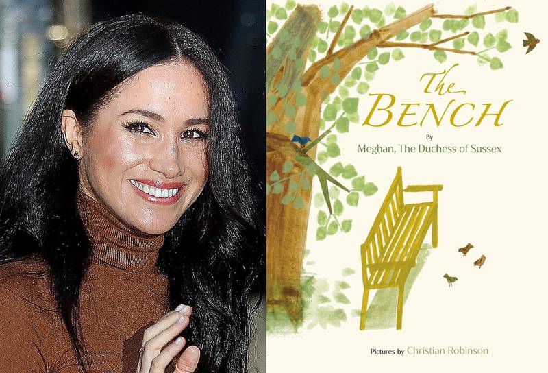 This combination photo shows Meghan, Duchess of Sussex leaving Canada House in London, on Jan. 7, 2020, left, and cover art for her upcoming children's book "The Bench," with pictures by Christian Robinson. The book will publish on June 8. (AP Photo, left, and Random House Childrenâ€™s Books via AP)