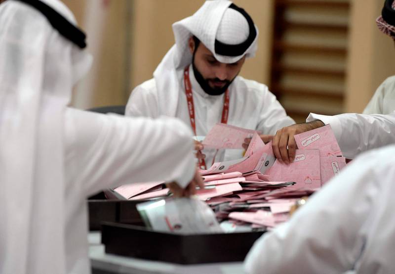 Election officials count ballots at a polling station in Sanad, south of the Bahraini capital Manama on December 1, 2018, following the end of Bahrain parliamentary and municipal elections. More than 350,000 Bahrainis are eligible to vote in the poll, according to justice minister Sheikh Khalid bin Ali al-Khalifa, adding that there were 54 polling stations across the country. / AFP / STR
