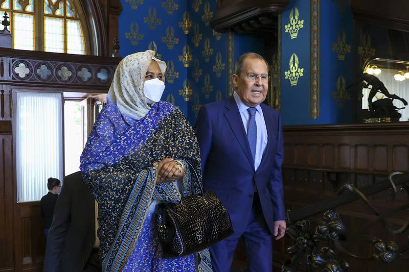 The foreign ministers of Sudan and Russia, Maryam Al Sadiq Al Mahdi and Sergey Lavrov, meet in Moscow for talks. AP