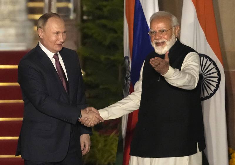 The two leaders discussed defence and trade relations between India and Russia. AP Photo