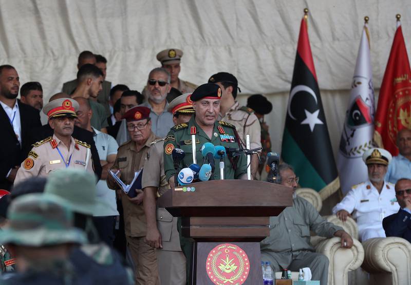 Libyan army chief of staff Lt Gen Mohamed al-Haddad addresses the parade. 