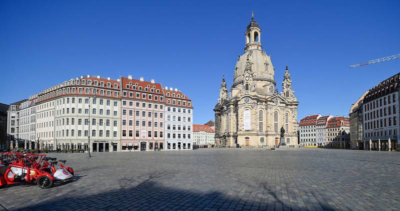 The empty Neumarkt square in front of the Frauenkirche (Church of Our Lady) is seen during a partial lockdown in Dresden, Germany. Reuters