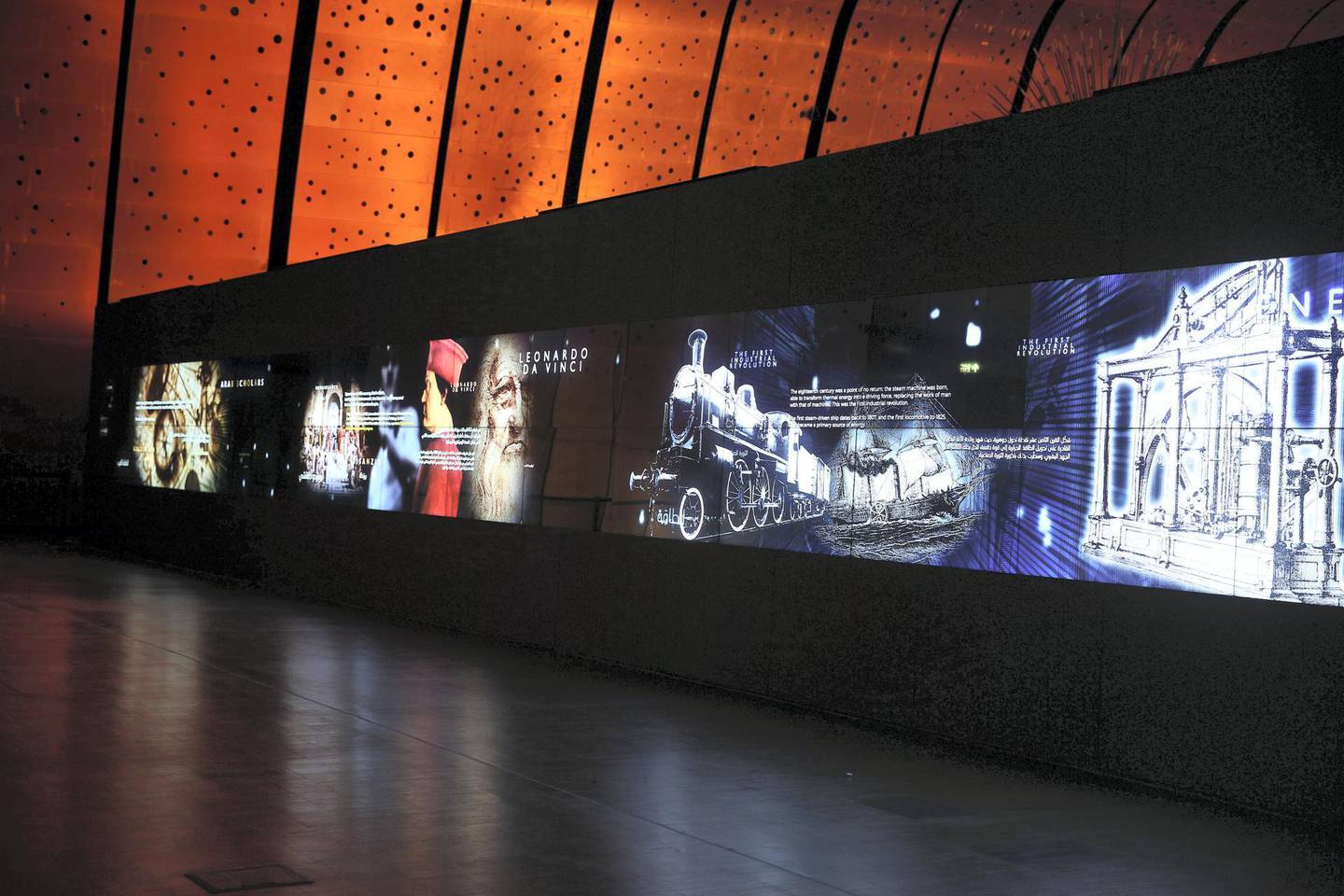 A 20-metre, 30-screen video wall displays images that take visitors from ancient Arabia to  Renaissance Italy and back to the present. Courtesy Ithra