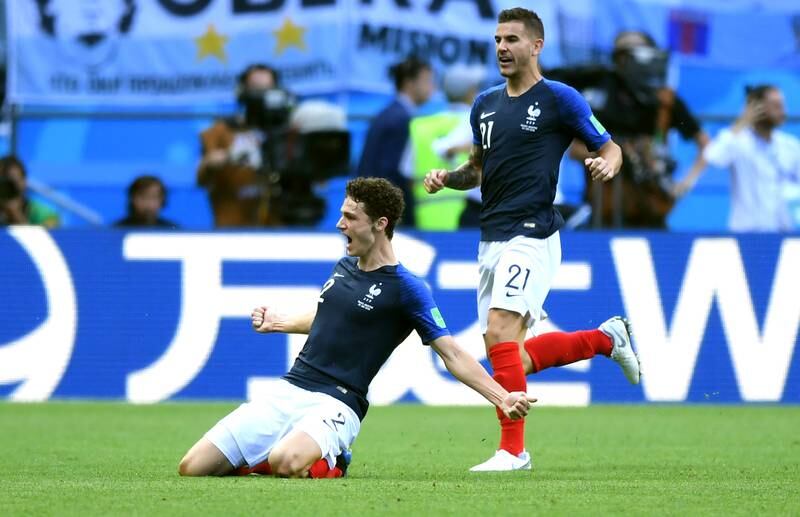 Benjamin Pavard celebrates scoring for France against Argentina at the 2018 World Cup in Russia. Getty