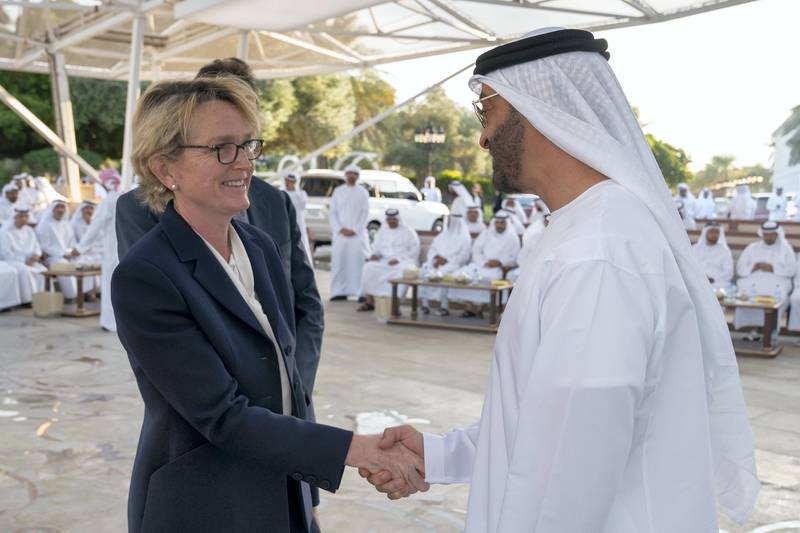 ABU DHABI, UNITED ARAB EMIRATES - November 11, 2019: HH Sheikh Mohamed bin Zayed Al Nahyan, Crown Prince of Abu Dhabi and Deputy Supreme Commander of the UAE Armed Forces (R), greets Claude Chirac, the daughter of France's former President Jacques Chirac (L), during a Sea Palace barza.

( Hamad Al Kaabi / Ministry of Presidential Affairs )​
---