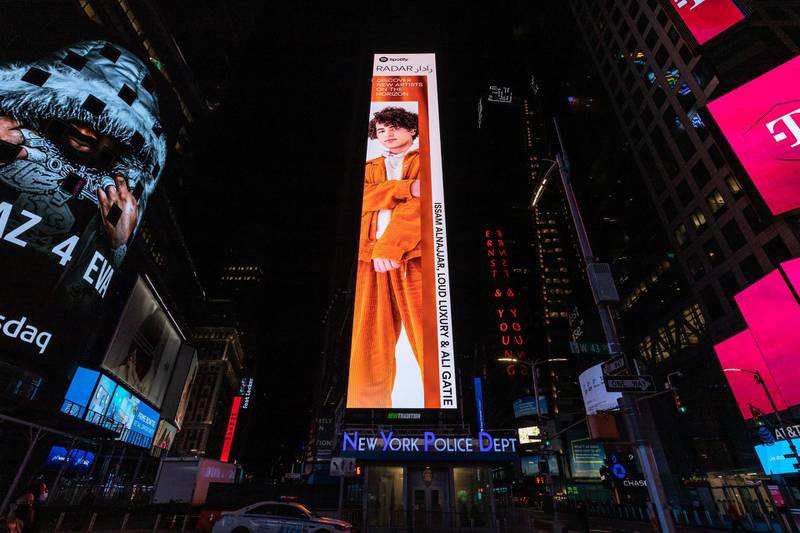 Shining bright: Jordanian teenager Issam Alnajjar appears in Spotify's billboard in New York. Courtesy Spotify
