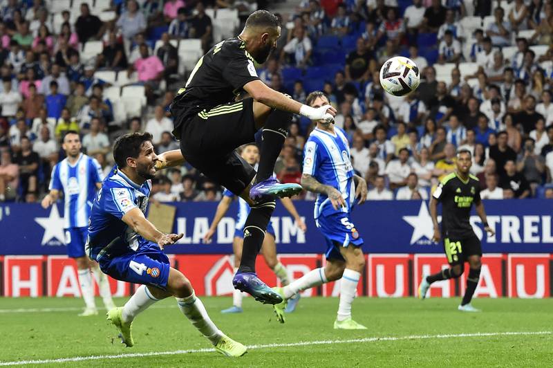 Karim Benzema scores Real Madrid's second goal against Espanyol. AFP
