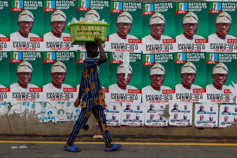 Campaign posters for Babajide Sanwo-Olu, Lagos state governor candidate of the ruling All Progressives Congress, in Lagos, Nigeria. Reuters