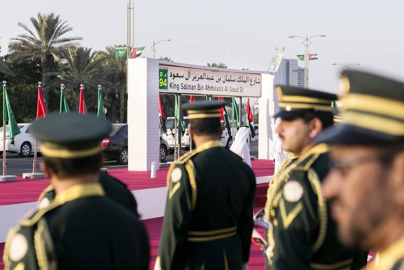 The sign for King Salman bin Abdulaziz Al Saud -formerly Al Sufouh Street - is unveiled in Dubai. Reem Mohammed / The National
